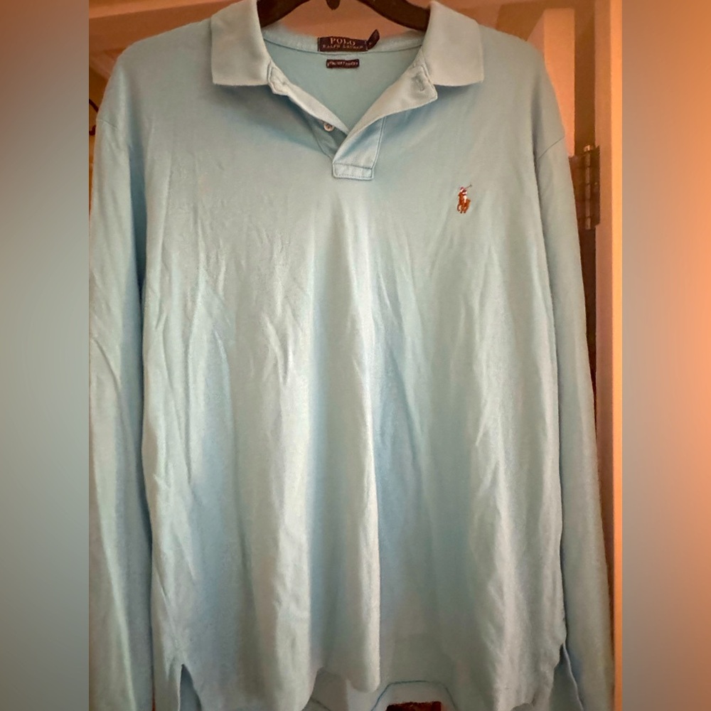 Polo Ralph Lauren Long Sleeve Aqua Blue Pima Cotton Men’s Polo Shirt - Large
